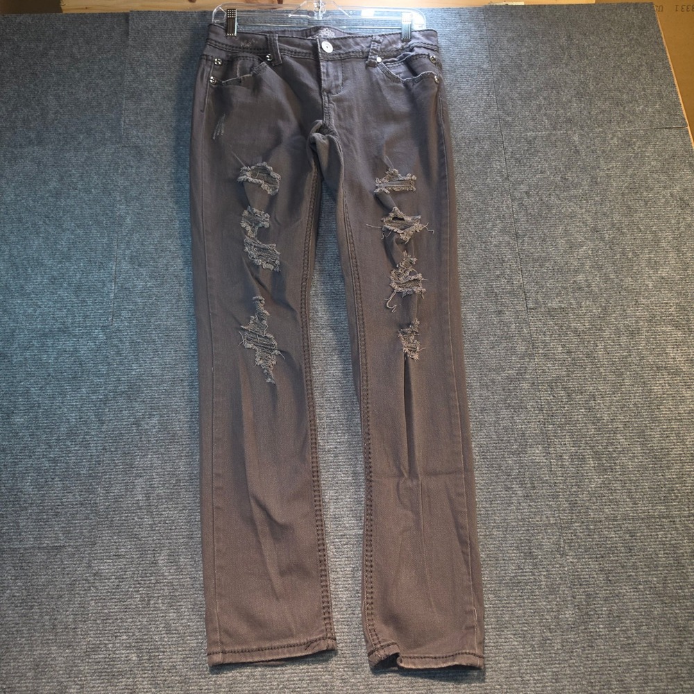 Almost Famous Distressed Skinny Jeans Womens 9 Gray Good Shredded Y2K Grunge